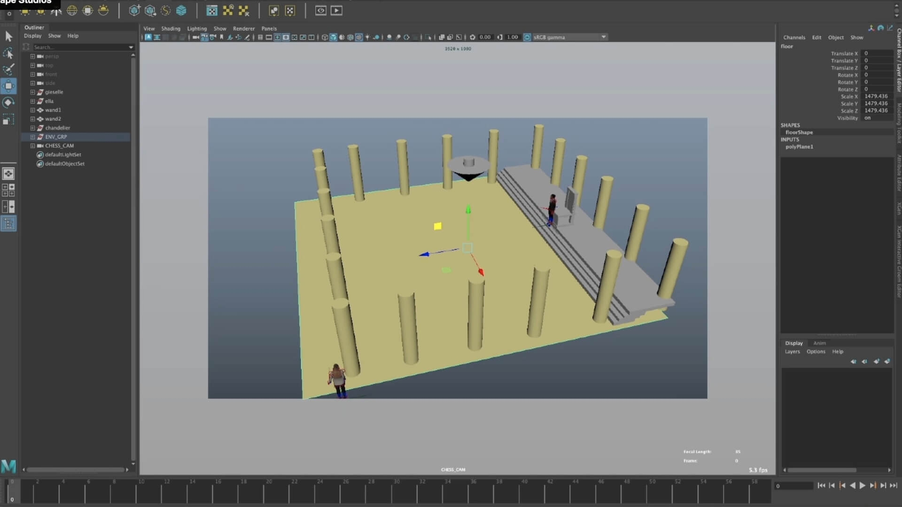 A screenshot shows a previsualisation tutorial showing two figures in a room with pillars