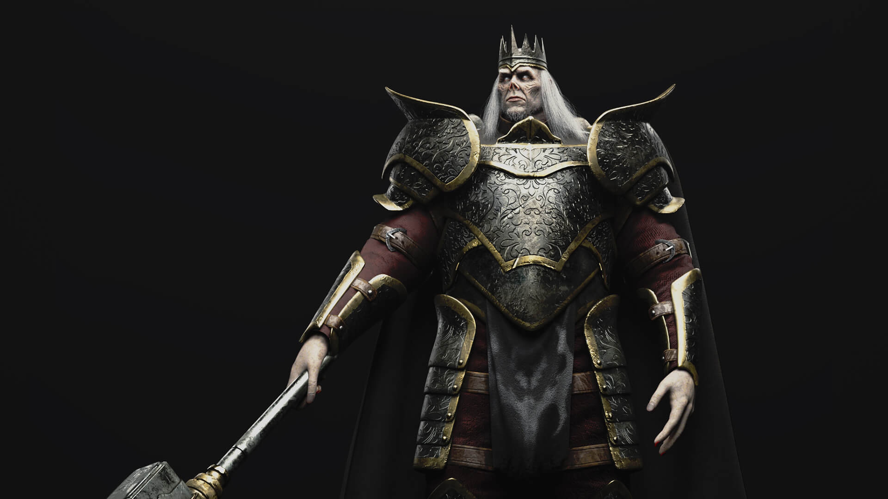 Animated king wearing armour wielding a hammer