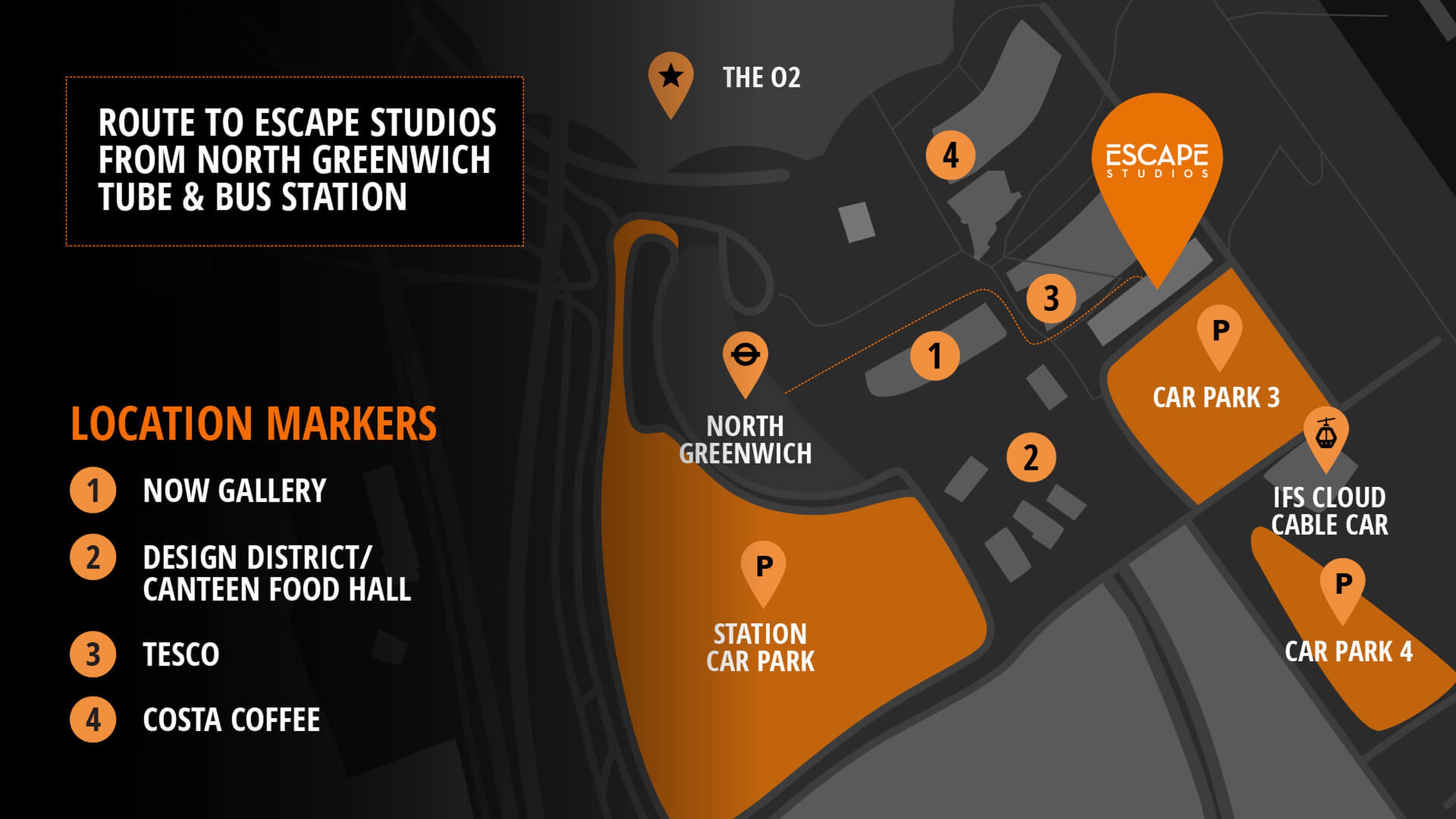 A map of the North Greenwich peninsula showing directions to Escape Studios from the Tube station and the surrounding car parks
