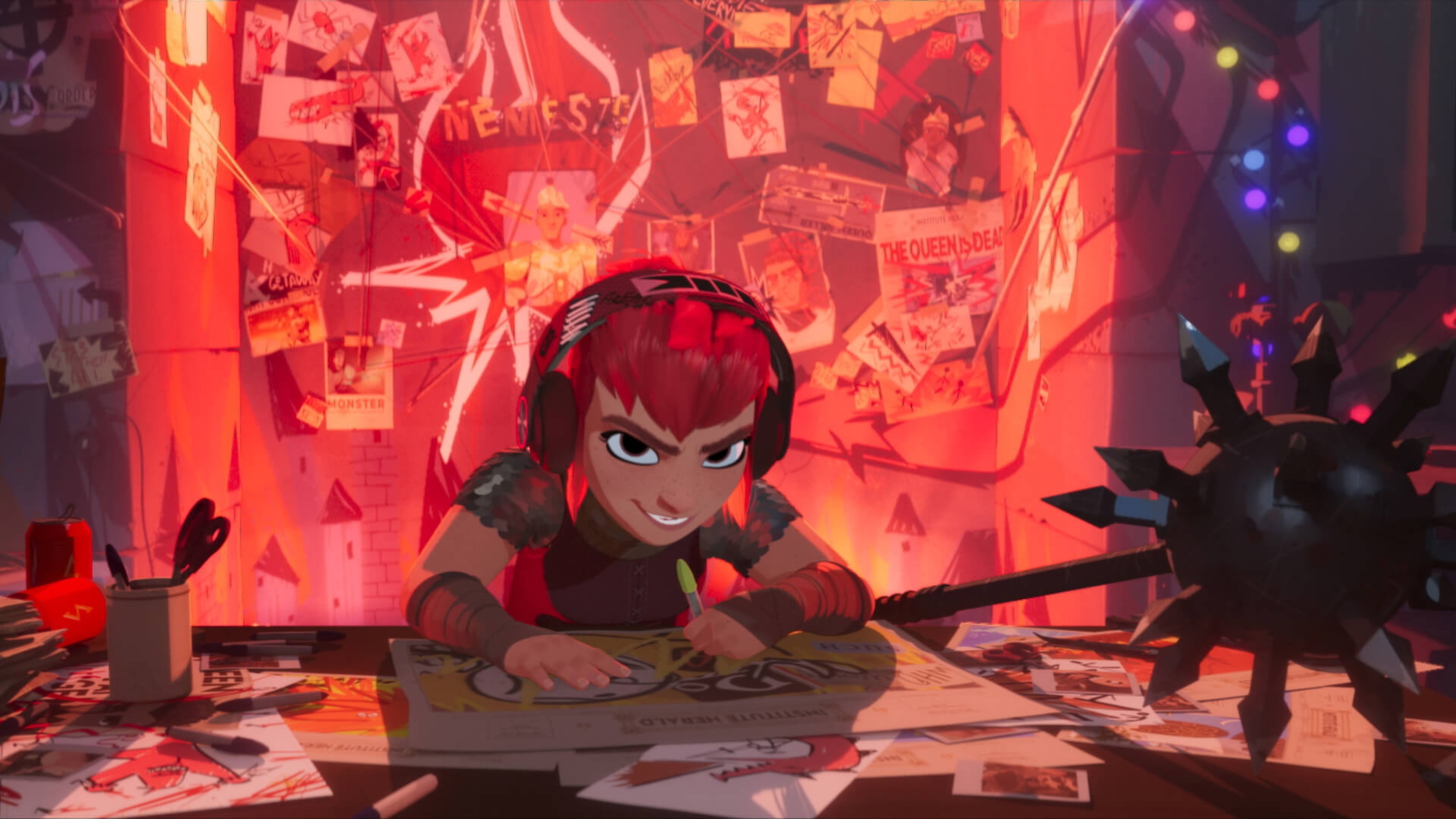 Main character of animated film Nimona wearing headphones and drawing