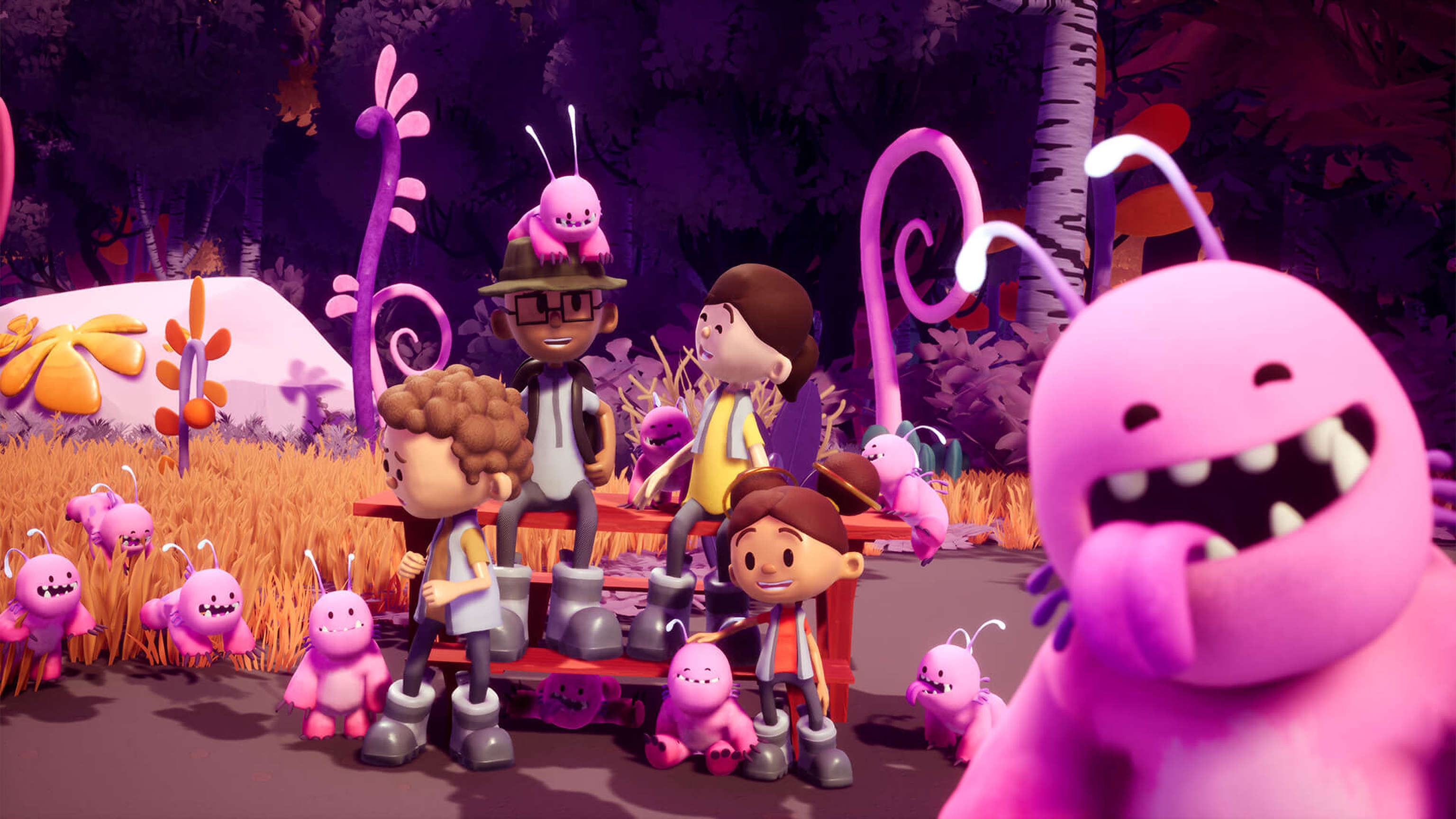A group of animated characters surrounded by pink characters with antennae