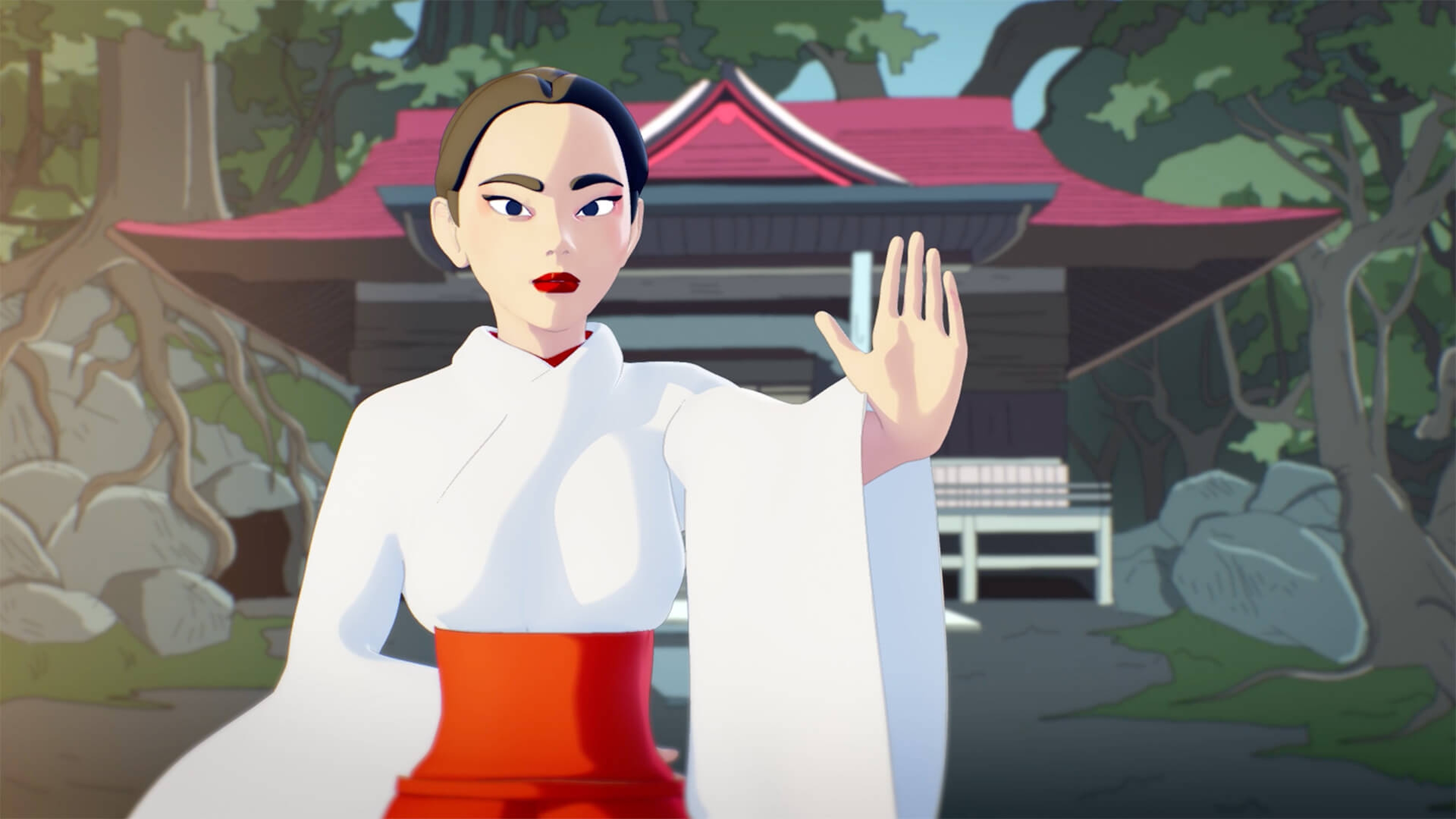 Animated female character stood in front of Japanese house