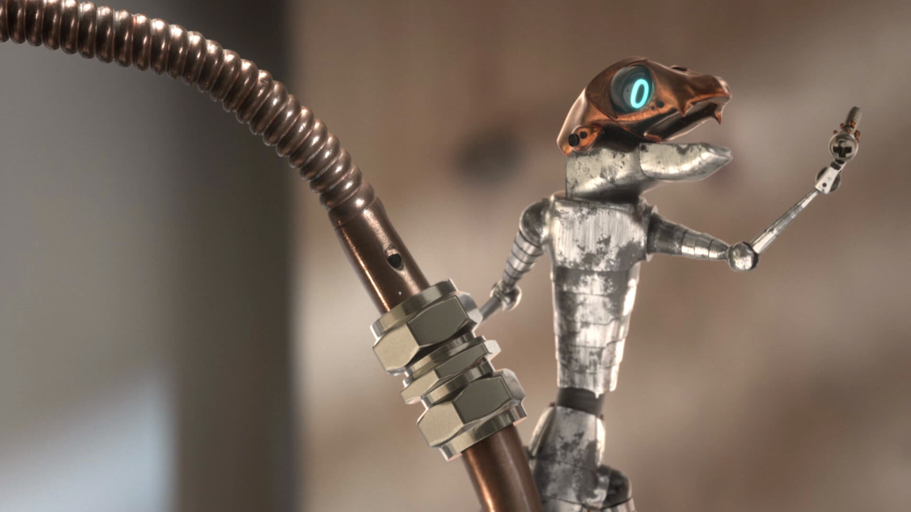 Animated metal lizard climbing a metal pipe