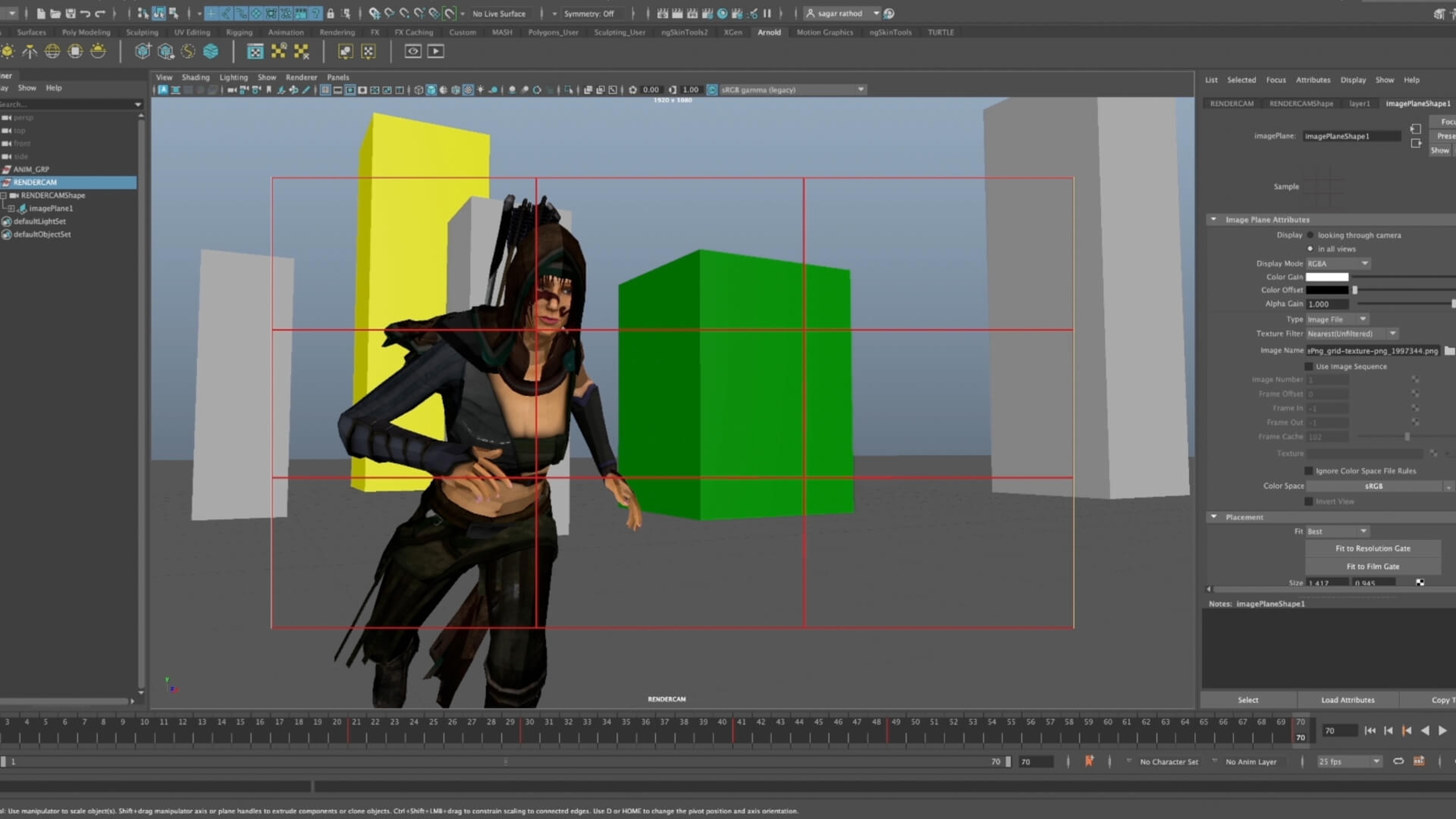 An animation of a woman running in Maya, with a three by three grid overlaid to demonstrate the rule of thirds