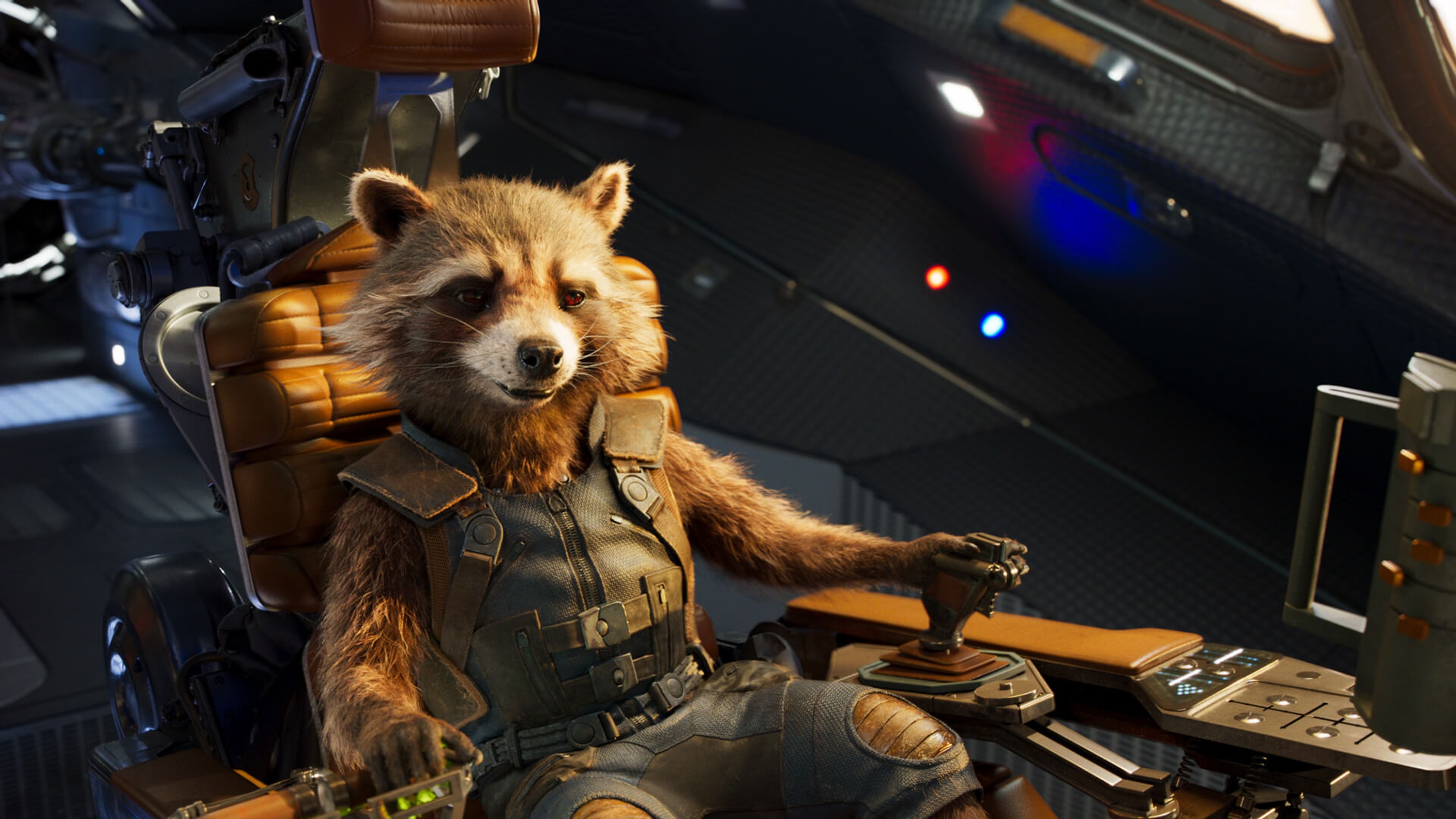 Animated racoon character sat in a spaceship cockpit