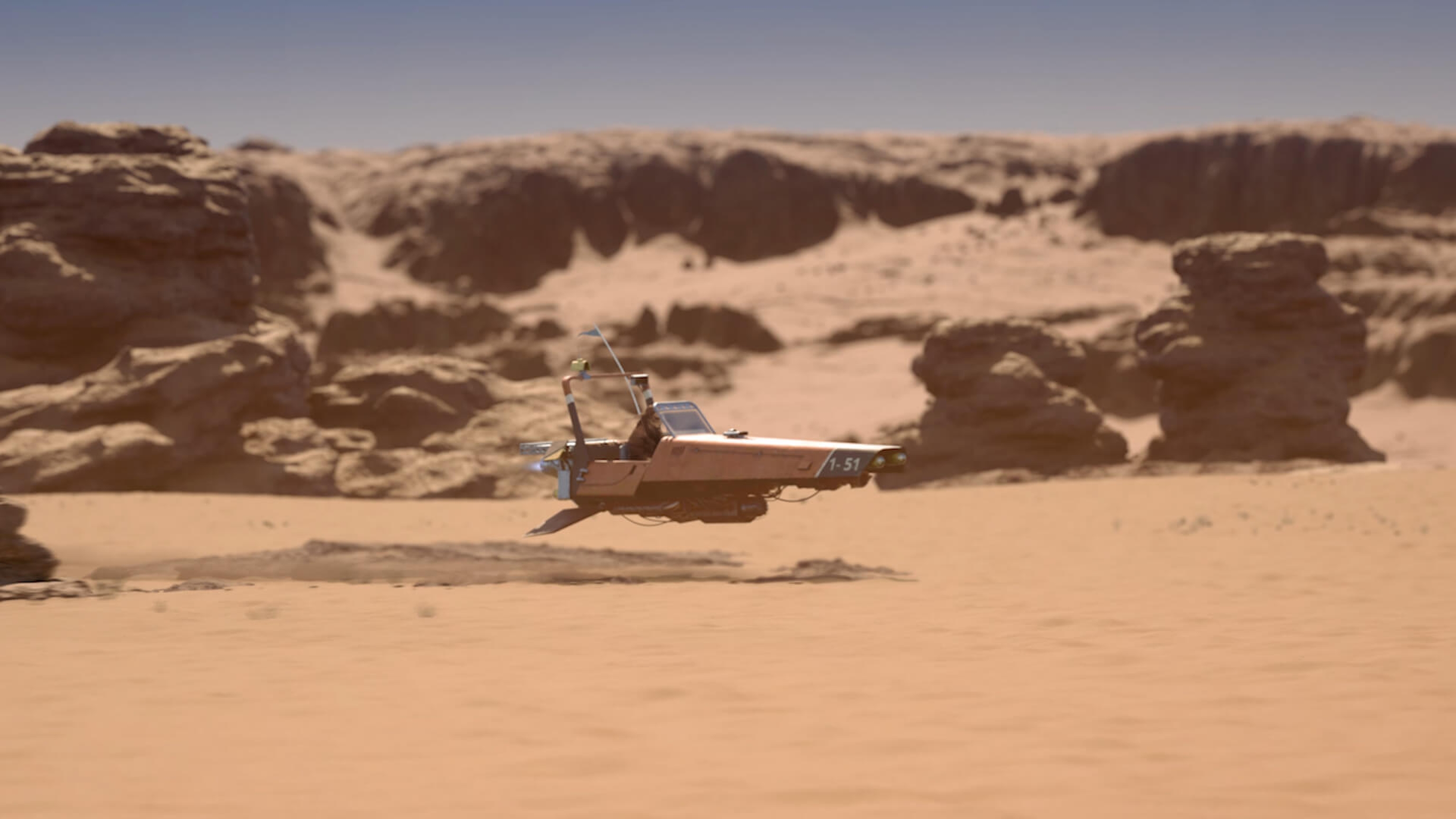A spaceship in a desert canyon