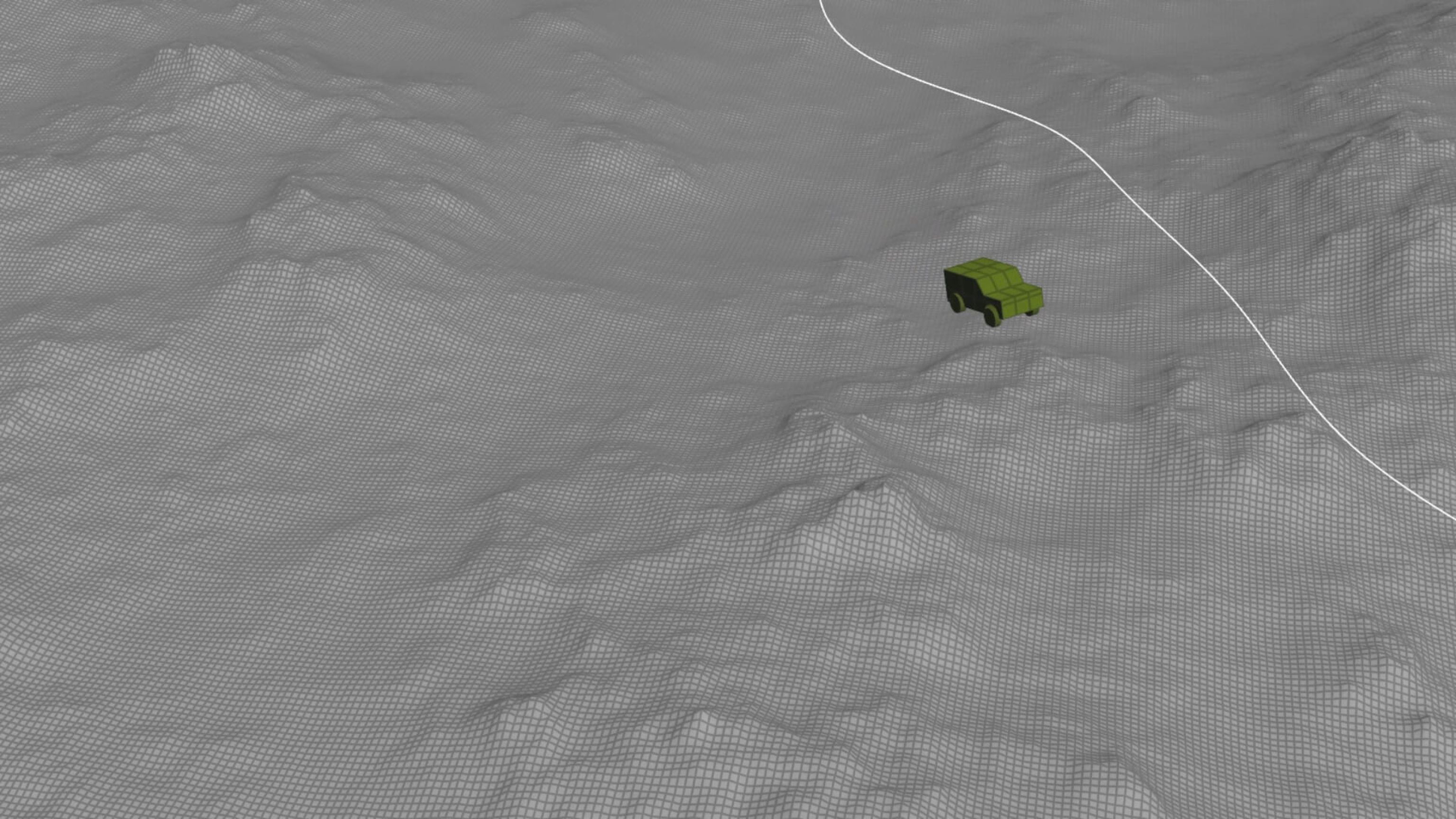 a screenshot of a tiny green vehicle crossing black and white animated terrain