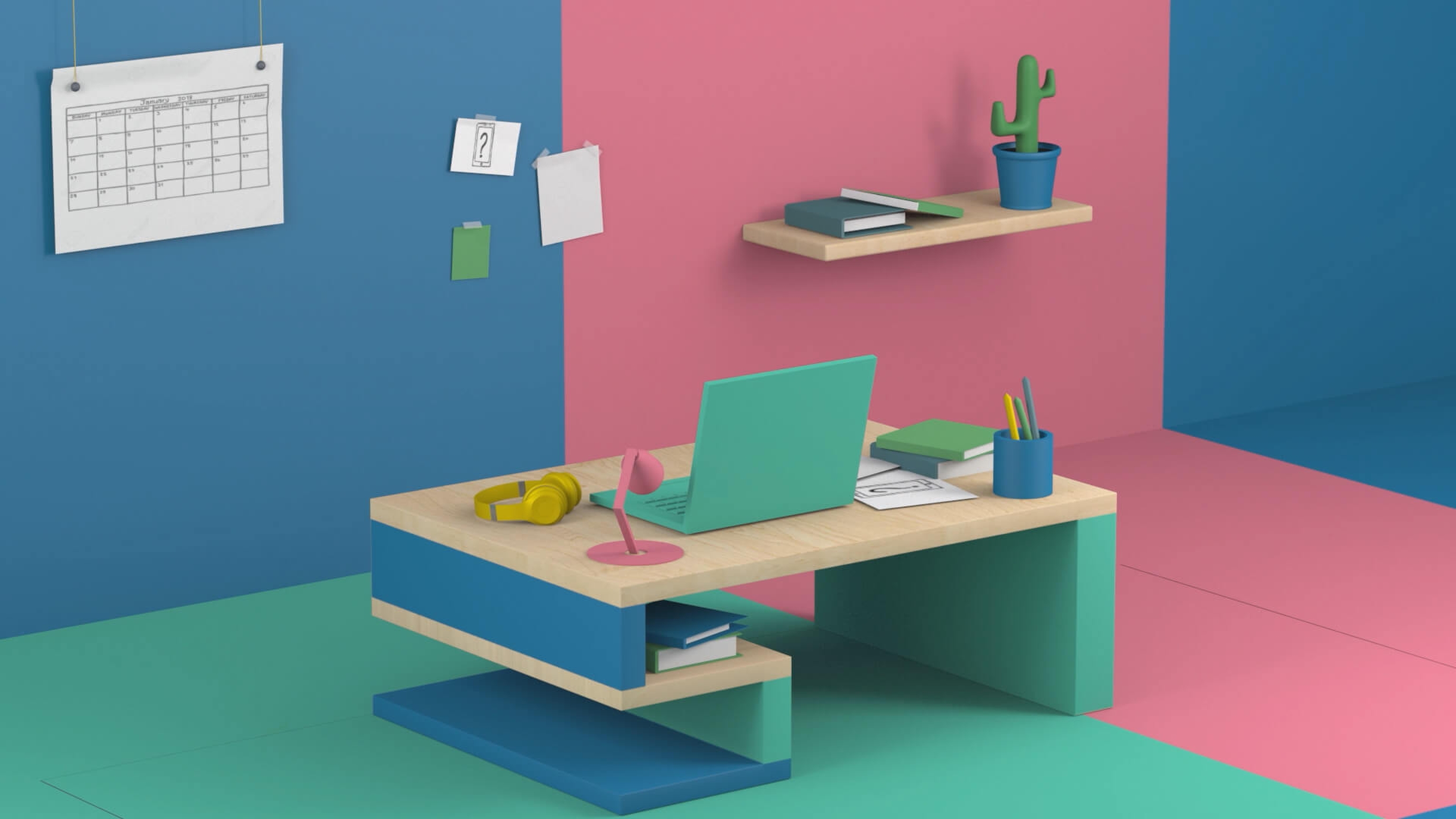 A colourful animated office with a desk and laptop