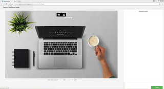 An interface that shows a hand holding a cup of coffee next to an open laptop.