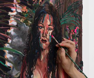 Gisela McDaniel hand finishing her self portrait