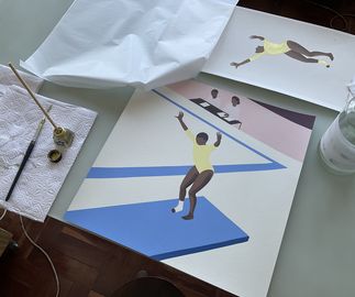 Painting of a gymnast on a table alongside a pot of gold paint