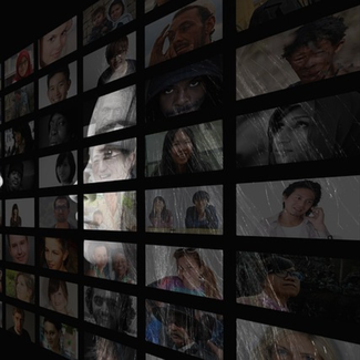 A woman in profile gazes at a wall filled with diverse portraits of people from various backgrounds, depicted in a digital and artistic style.