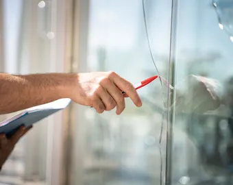 assureur pointant une vitre fissurée