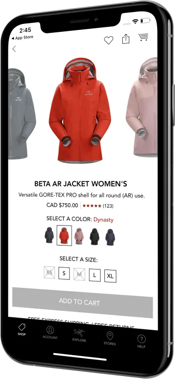 Phone showing a product display page for a jacket