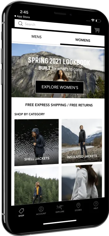 Phone showing the women's products shopping screen on the Arcteryx app