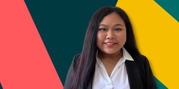 Giana Narciso, a paralegal, smiles at the camera as she is gently comforted by the surrounding FLex Legal branding