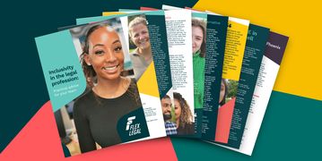 Flex Legal's Inclusivity Report "Inclusivity in the legal profession: Practical advice for your team" spreads its pages open before you from right to left. Around and behind it, branding is seen for Flex Legal.