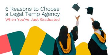 Recent law graduates throw their graduation hats in the air. As they do so, they consider joining a legal temp agency.