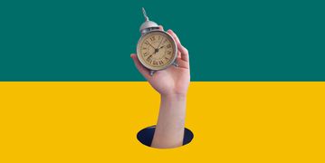 A hand emerges from a hole, clutching an old fashioned alarm clock. Green and yellow background.