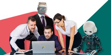 Robots replacing lawyers? Three legal professionals huddle around a laptop at a table, surrounded by two robots who might take their jobs.
