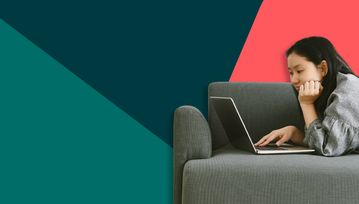 Hybrid working blog banner - person on a sofa with a laptop