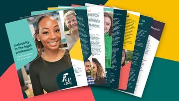 Flex Legal's Inclusivity Report "Inclusivity in the legal profession: Practical advice for your team" spreads its pages open before you from right to left. Around and behind it, branding is seen for Flex Legal.