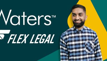 Saad Ali, trainee solicitor, is seen smiling beside the Waters logo and Flex Legal logo.