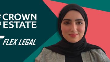 Ghazhal Noory of the Flex Trainee scheme smiles to the right of frame. Behind her, the Flex Legal branding is seen, and The Crown Estate's logo is seen to the left.