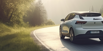 A white car driving on a winding road through a lush, sunlit forest with trees on both sides.