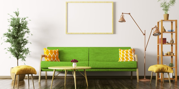 Obývací pokoj se zelenou sedačkou