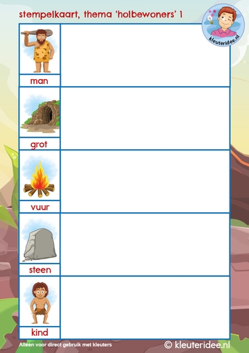 stempelkaart voor kleuters thema holbewoners, kindergarten cave man theme, kleuteridee