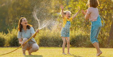 Matka s dcerami si na zahradě hraje s vodou