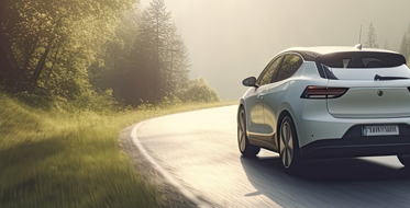 A white car driving on a winding road through a lush, sunlit forest with trees on both sides.