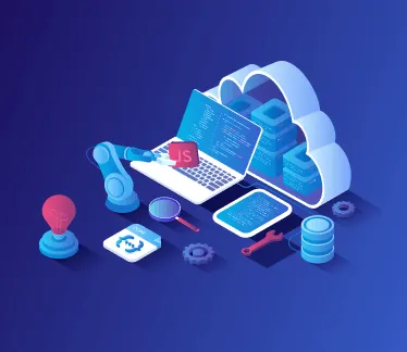 A visual representation of microservices using 3D illustrations of a cloud server, gears, a lightbulb, a laptop, tablet, and a robotic arm holding a Javascript icon.