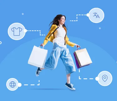 A woman holds two shopping bags in either hands. Icons illustration location, language, and clothing are connected to dotted lines that also connect to the woman.