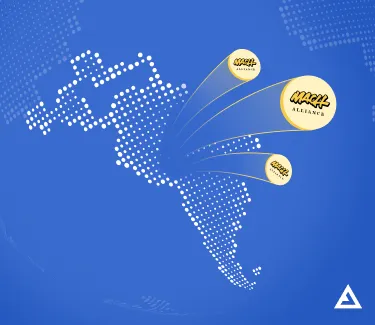 A map that highlights Latin America with three MACH Alliance logos soaring out of LATAM.