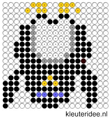 Kralenplank pinguin 2, kleuteridee.nl , thema Noordpool & Zuidpool , free printable Beads patterns preschool.