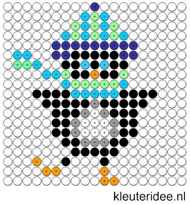 Kralenplank pinguin 5, kleuteridee.nl , thema Noordpool & Zuidpool , free printable Beads patterns preschool.