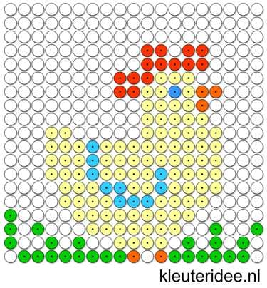 Kralenplank kip, thema lente, kleuteridee.nl , free printable Beads patterns preschool.