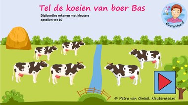 Digibordles optellen tot 10, kleuteridee.nl, gratis, gecijferdheid thema de koe, cow counting Kindergarten IWB.