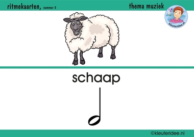 Ritmekaart voor kleuters 3 schaap, thema muziek, kleuteridee.nl, free download