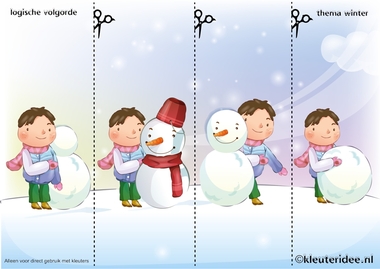 Leg de plaatjes van de sneeuw in logische volgorde , juf Petra van kleuteridee, thema winter voor kleuters, Snowman sequence free printable.