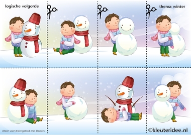 Leg de plaatjes van de sneeuw in logische volgorde 2 , juf Petra van kleuteridee, Thema winter voor kleuters, Snowman sequence free printable.