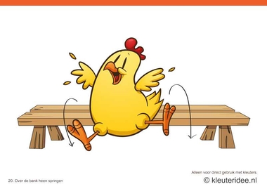Bewegingskaarten kip voor kleuters 20, Over de bank heen springen , kleuteridee.nl , thema Lente, Movementcards for preschool, free printable.