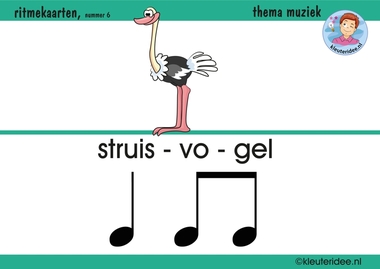 Ritmekaart voor kleuters 6 struisvogel, thema muziek, kleuteridee.nl, free download