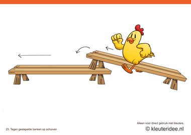 Bewegingskaarten kip voor kleuters 23, Tegen gestapelde banken op schuiven , kleuteridee.nl , thema Lente, Movementcards for preschool, free printable