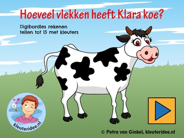Digibordles tellen tot 15, kleuteridee.nl, gecijferdheid thema de koe, cow counting Kindergarten IWB.