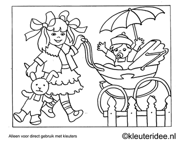 Kleurplaat wandelen met de kinderwagen, kleuteridee , Preschool coloring, walking with the stroller.