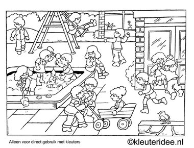 Kleurplaat kleuters spelen op het schoolplein, kleuteridee , Preschool playing outdoor coloring.