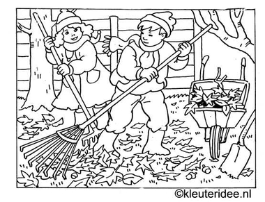 kleurplaat herfst, blad harken, kleuteridee.nl .